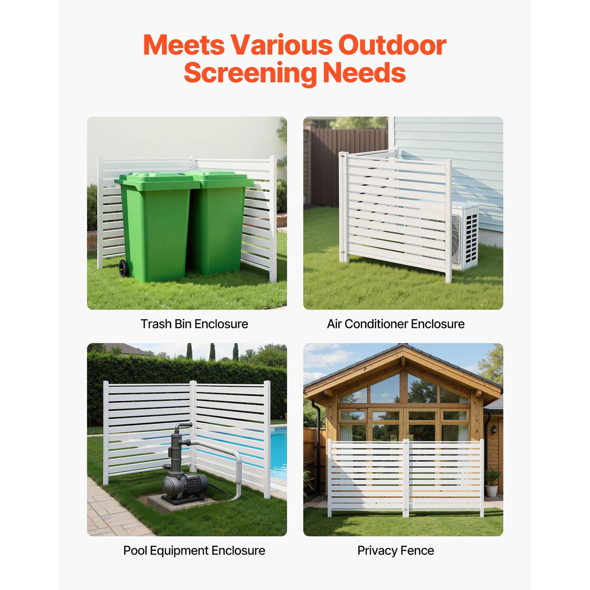 2 Panels Outdoor Privacy Screen, 48 x 48 in Air Conditioner Fence with 19.7 in Ground Stakes, Pool Equipment Enclosure, Louvered Vinyl Privacy Fence, Ideal for Trash Can and A/C Units, White