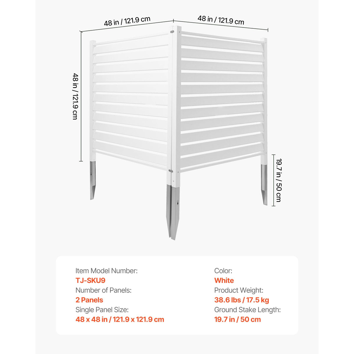 2 Panels Outdoor Privacy Screen, 48 x 48 in Air Conditioner Fence with 19.7 in Ground Stakes, Pool Equipment Enclosure, Louvered Vinyl Privacy Fence, Ideal for Trash Can and A/C Units, White