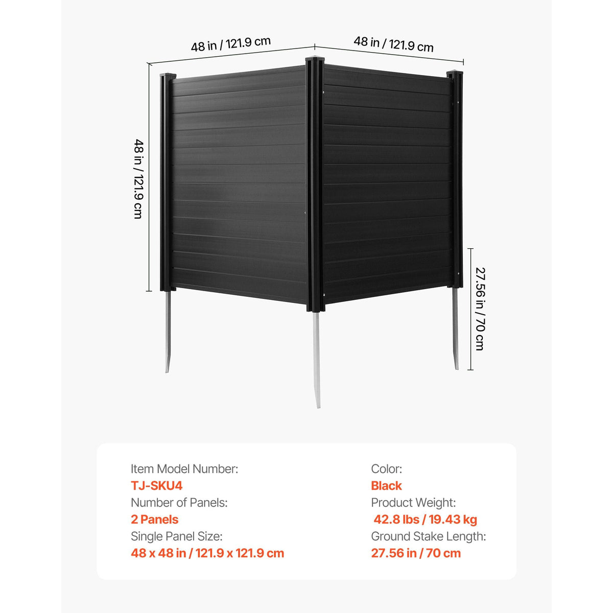 2 Panels Outdoor Privacy Screen, 48 x 48 in Air Conditioner Fence with 27.6 in Ground Stakes, Pool Equipment Enclosure, Horizontal Vinyl Privacy Fence, Ideal for Trash Can and A/C Units, Black