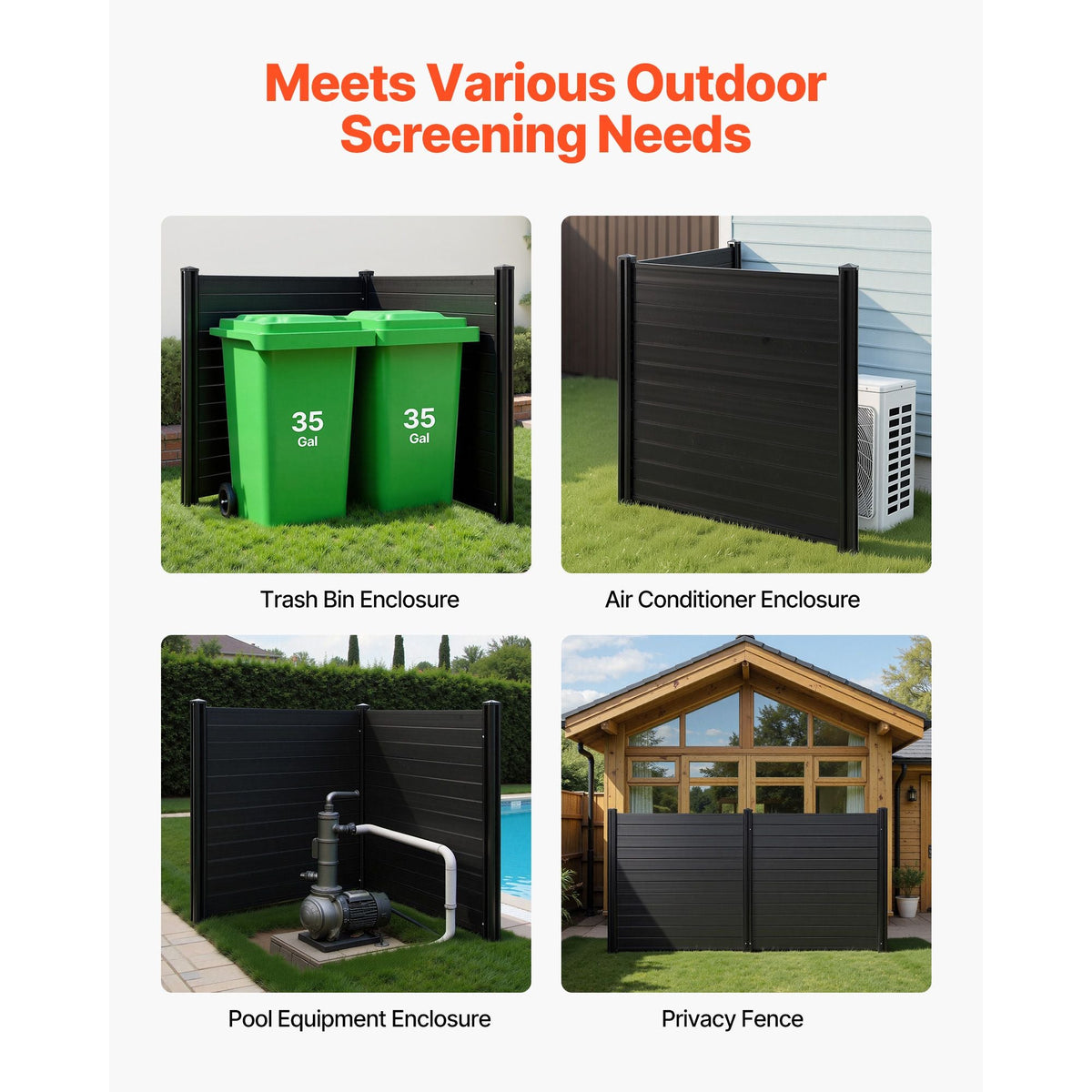 2 Panels Outdoor Privacy Screen, 48 x 48 in Air Conditioner Fence with 27.6 in Ground Stakes, Pool Equipment Enclosure, Horizontal Vinyl Privacy Fence, Ideal for Trash Can and A/C Units, Black
