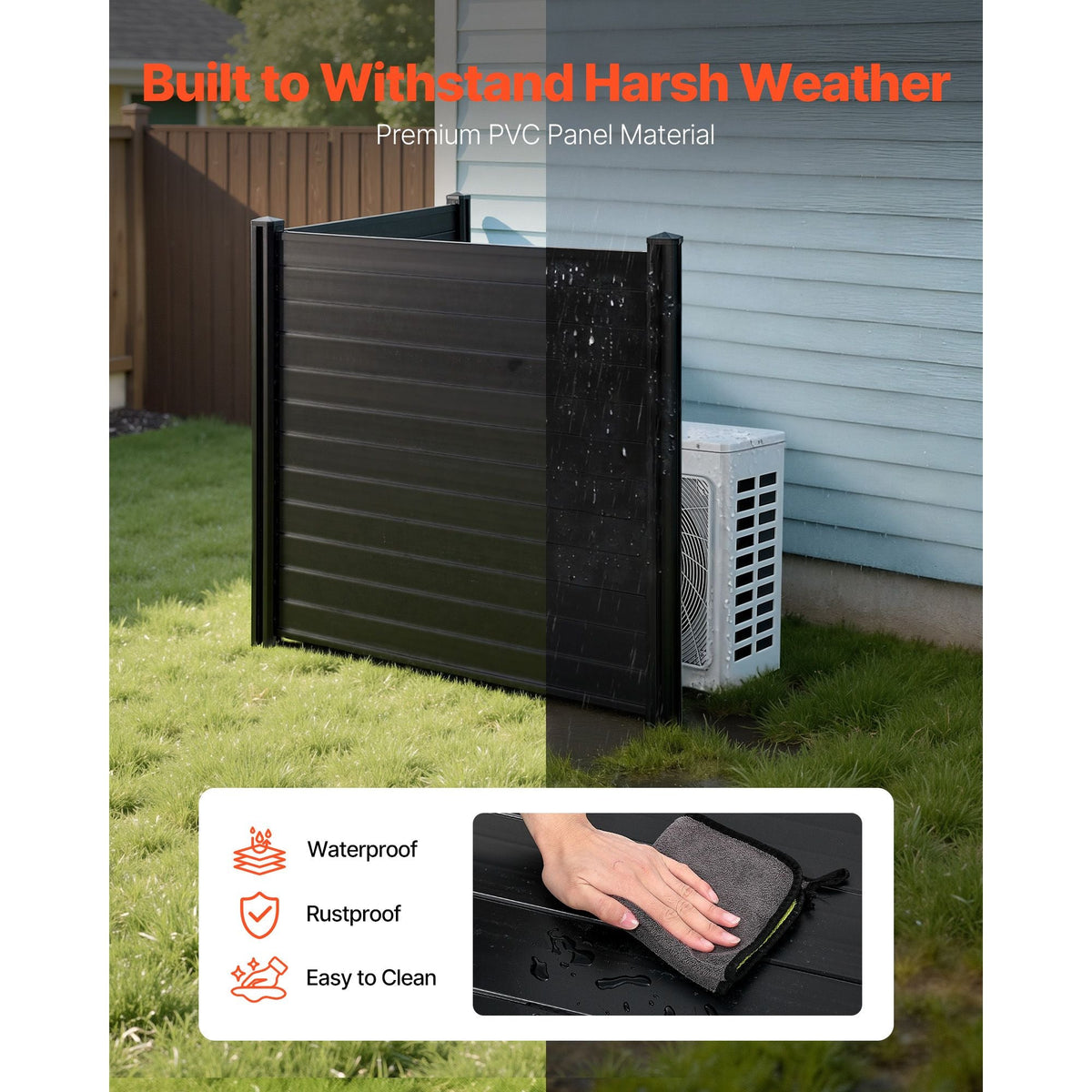 2 Panels Outdoor Privacy Screen, 48 x 48 in Air Conditioner Fence with 27.6 in Ground Stakes, Pool Equipment Enclosure, Horizontal Vinyl Privacy Fence, Ideal for Trash Can and A/C Units, Black