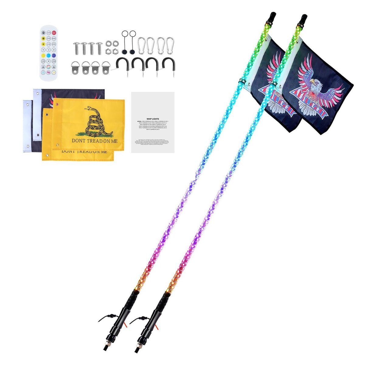 2 PCS 3 FT Whip Light, APP & RF Remote Control Led Whip Light, Waterproof 360° Spiral RGB Chasing Lighted Whips with 4 Flags, for UTVs, ATVs, Motorcycles, RZR, Can-am, Trucks, Off-road, Go-karts