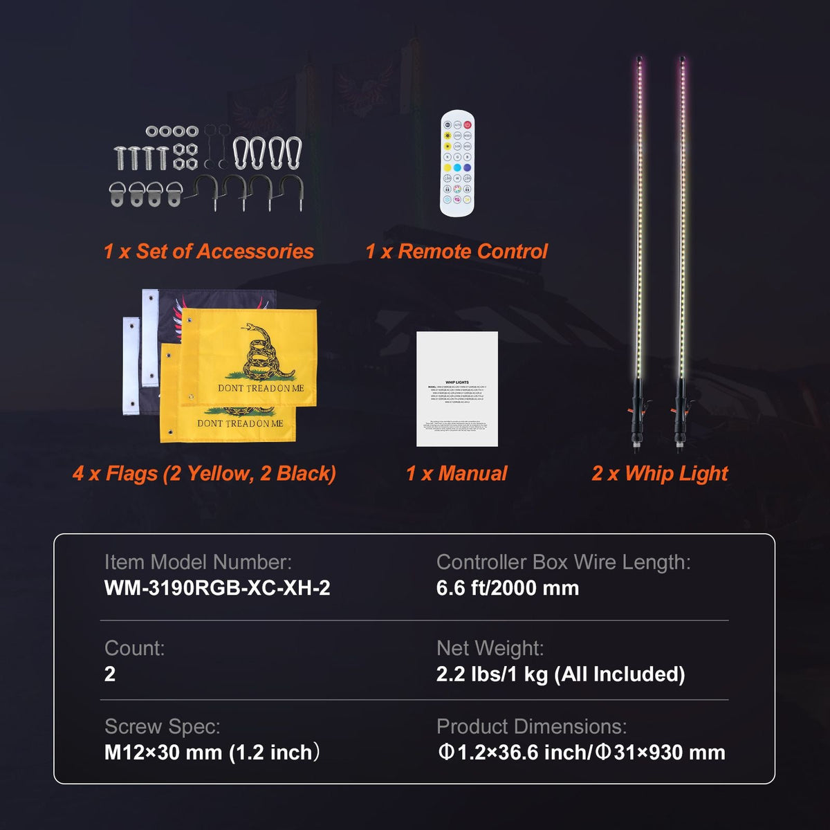 2 PCS 3 FT Whip Light, APP & RF Remote Control Led Whip Light, Waterproof RGB Chasing Lighted Whips with 4 Flags, for UTVs, ATVs, Motorcycles, RZR, Can-am, Trucks, Off-road, Go-karts