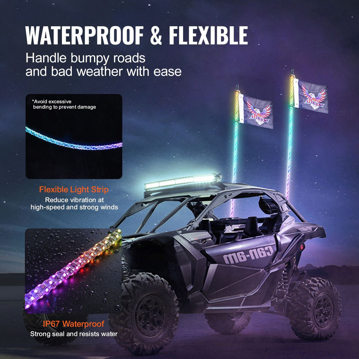 2 PCS 4 FT Whip Light, APP & RF Remote Control Led Whip Light, Waterproof 360° Spiral RGB Chasing Lighted Whips with 4 Flags, for UTVs, ATVs, Motorcycles, RZR, Can-am, Trucks, Off-road, Go-karts
