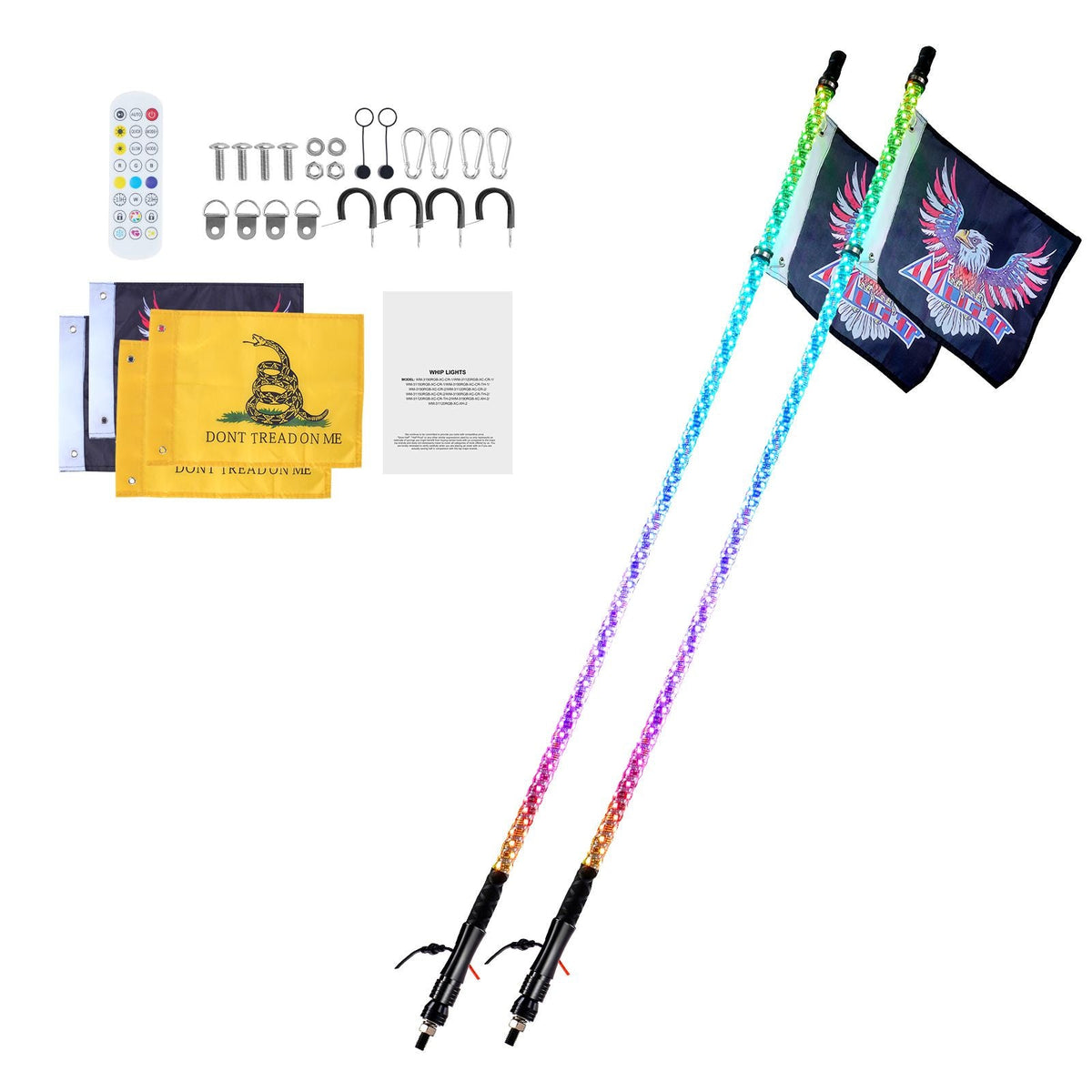 2 PCS 4 FT Whip Light, APP & RF Remote Control Led Whip Light, Waterproof 360° Spiral RGB Chasing Lighted Whips with 4 Flags, for UTVs, ATVs, Motorcycles, RZR, Can-am, Trucks, Off-road, Go-karts