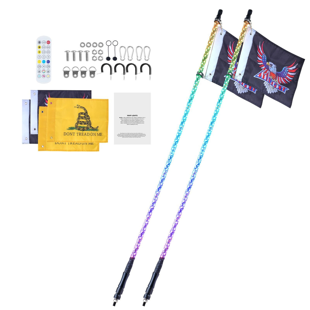 2 PCS 5 FT Whip Light, APP & RF Remote Control Led Whip Light, Waterproof 360° Spiral RGB Chasing Lighted Whips with 4 Flags, for UTVs, ATVs, Motorcycles, RZR, Can-am, Trucks, Off-road, Go-karts