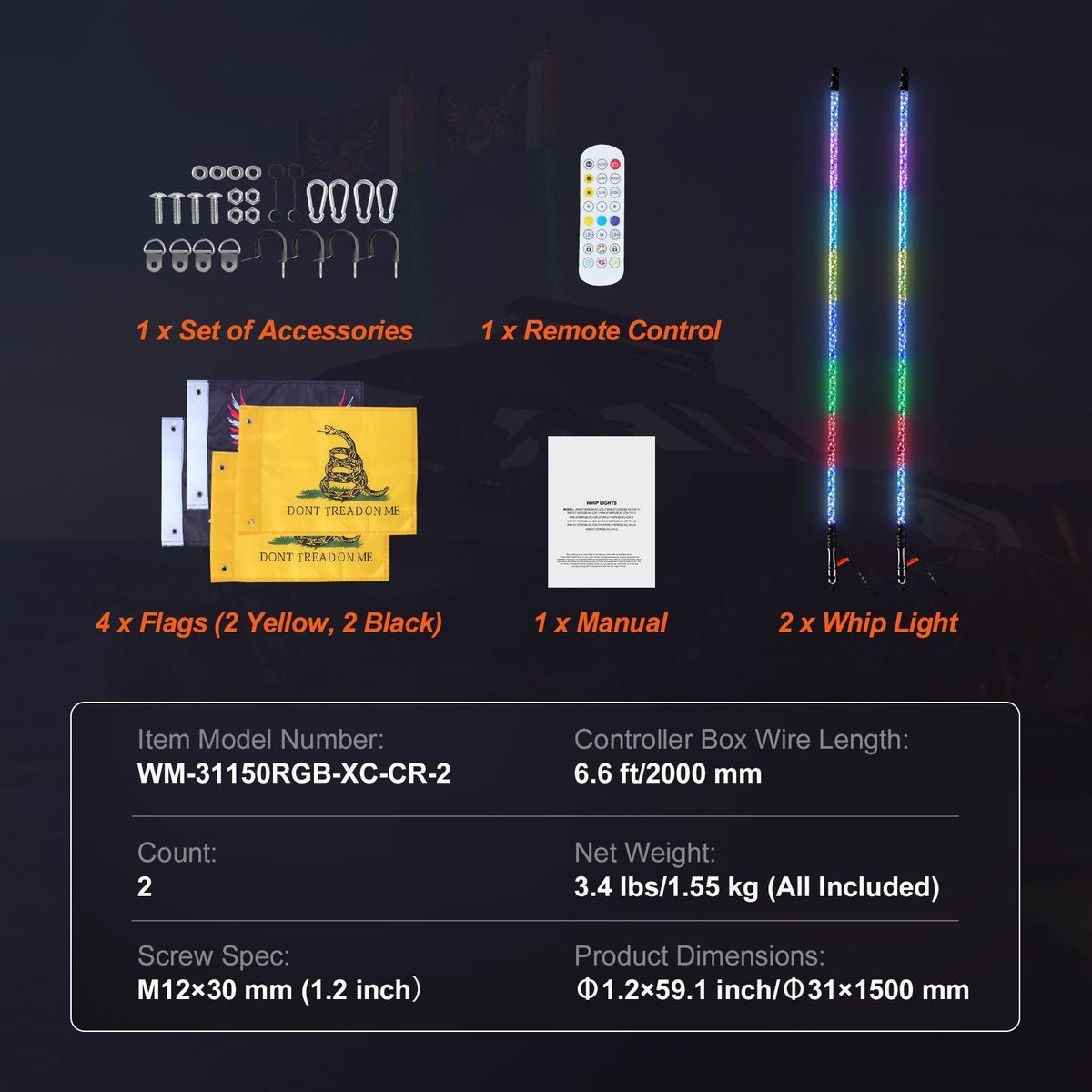 2 PCS 5 FT Whip Light, APP & RF Remote Control Led Whip Light, Waterproof 360° Spiral RGB Chasing Lighted Whips with 4 Flags, for UTVs, ATVs, Motorcycles, RZR, Can-am, Trucks, Off-road, Go-karts