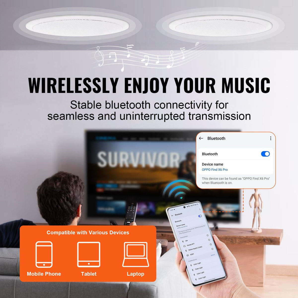 2 PCs 6.5'' Bluetooth in Ceiling Speakers, 150W, Flush Mount Ceiling & in-Wall Speaker System with 8ΩImpedance 89dB Sensitivity, for Home Kitchen Living Room Bedroom or Covered Outdoor Porches