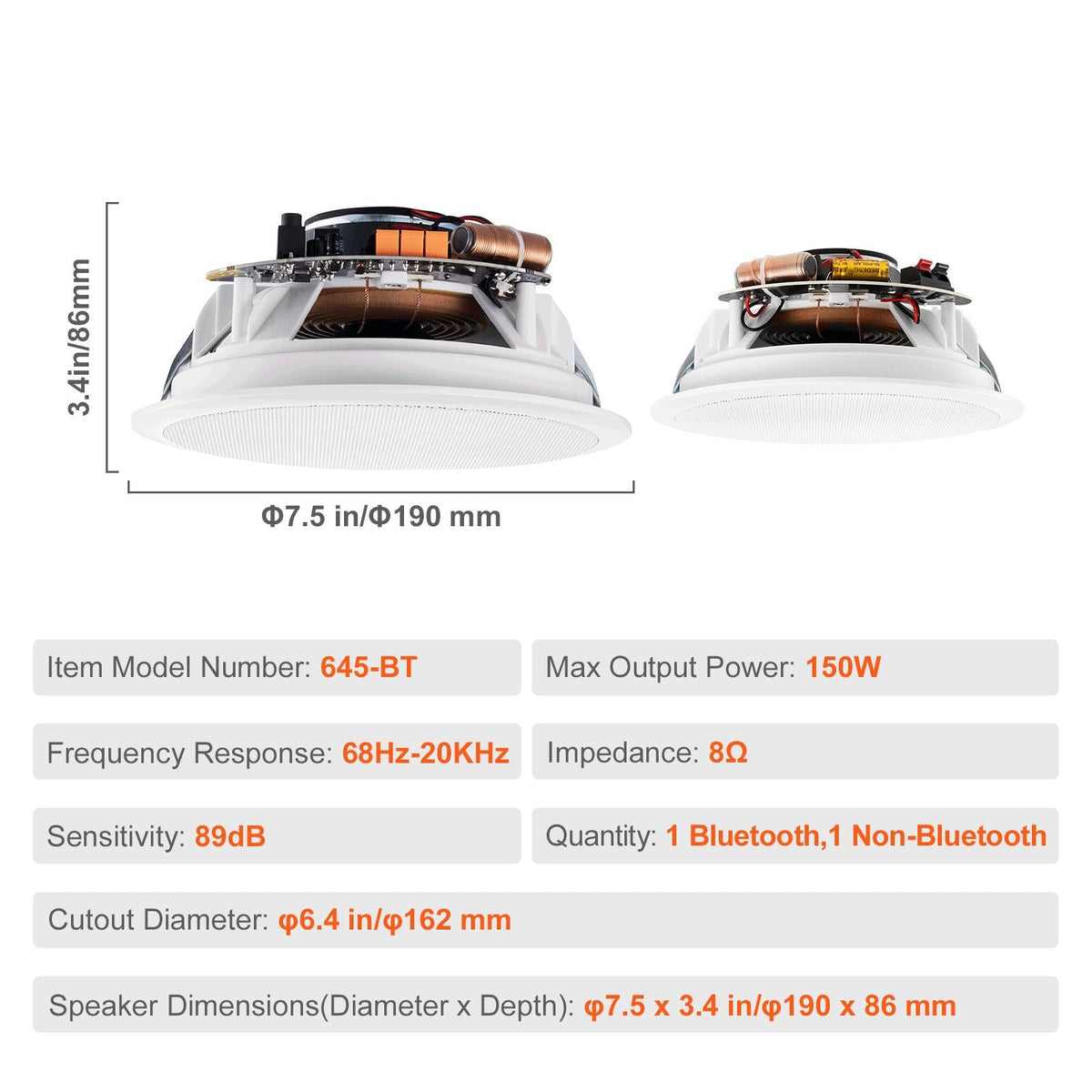2 PCs 6.5'' Bluetooth in Ceiling Speakers, 150W, Flush Mount Ceiling & in-Wall Speaker System with 8ΩImpedance 89dB Sensitivity, for Home Kitchen Living Room Bedroom or Covered Outdoor Porches