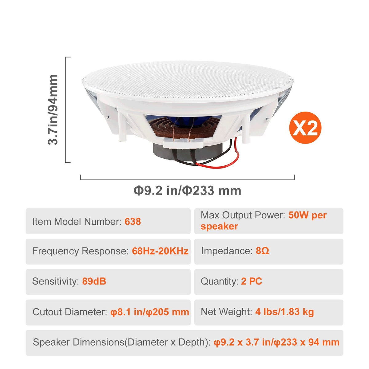 2 PCs 8 Inch in Ceiling Speakers, 50-Watts, Flush Mount Ceiling & in-Wall Speakers System with 8ΩImpedance 89dB Sensitivity, for Home Kitchen Living Room Bedroom or Covered Outdoor Porches