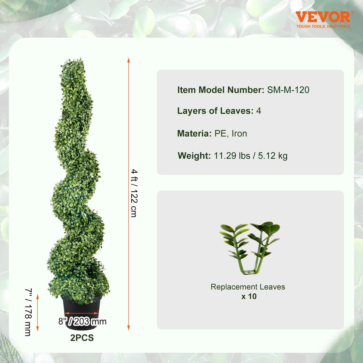 2 pcs. Artificial Boxwood Tower Topiary Spiral Artificial Plant 122cm high Decorative Plant Green Plastic PE Iron Topiary Plants incl. 10 pcs. Replacement Leaves