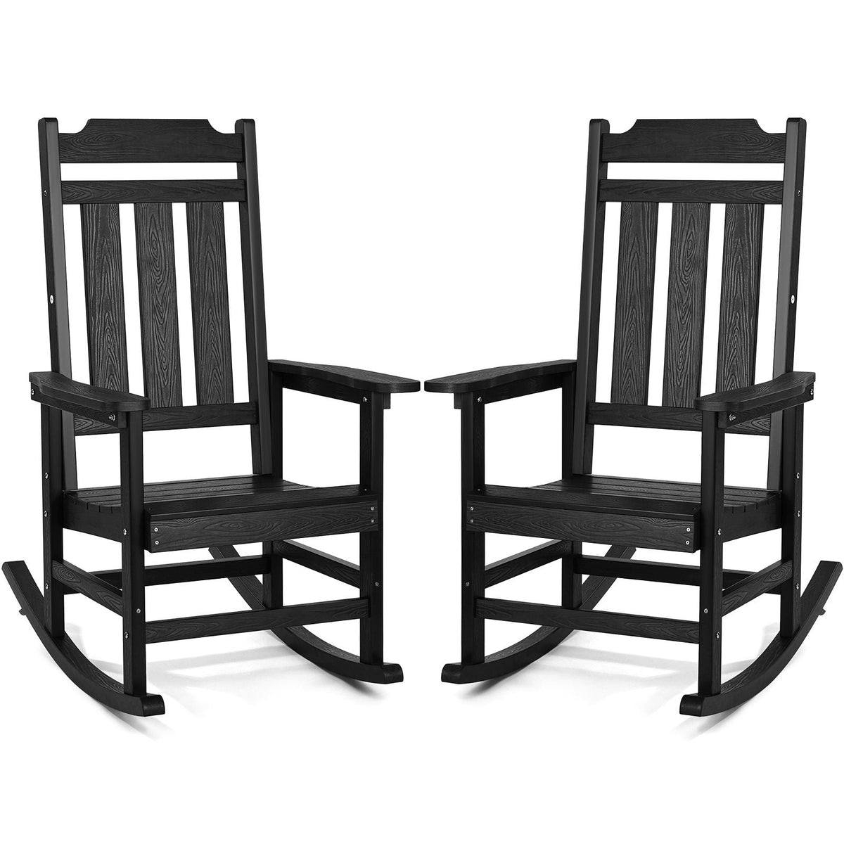 2 Pcs Porch Rocker, HIPS Outdoor Rocking Chair, High Back Patio Rocking Chair with Smooth Armrests, Supports up to 400 lbs, for Garden, Balcony, Porch, Black