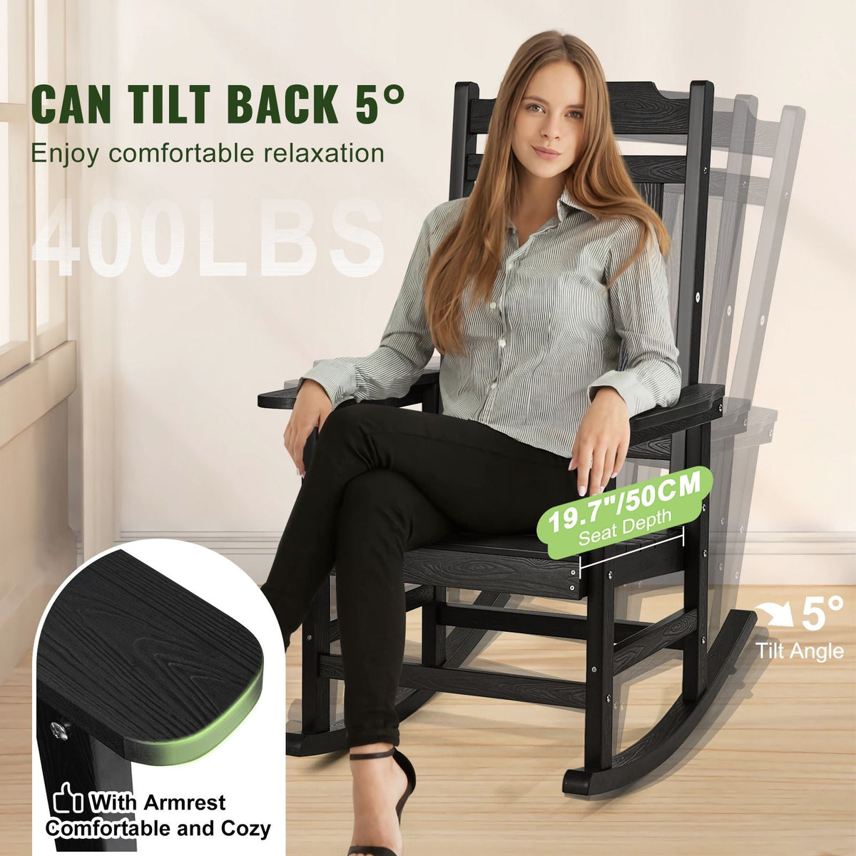 2 Pcs Porch Rocker, HIPS Outdoor Rocking Chair, High Back Patio Rocking Chair with Smooth Armrests, Supports up to 400 lbs, for Garden, Balcony, Porch, Black