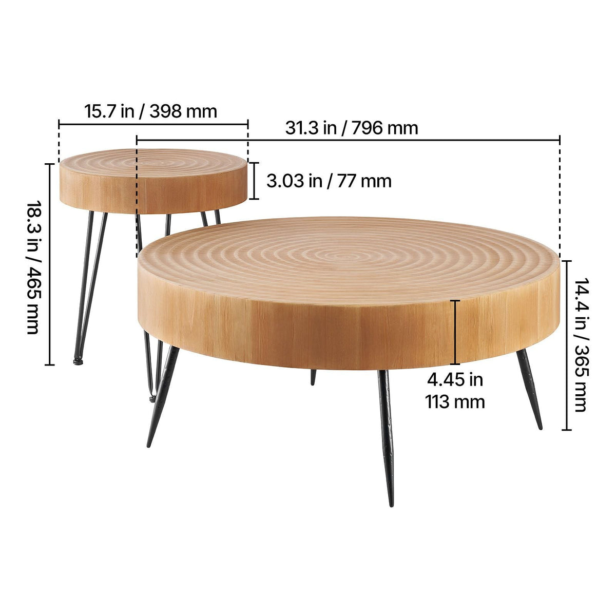 2 Pieces Round Coffee Tables Sets, 31.3 in Industrial Living Room Table with 1 End Side Table, Easy Assembly Coffee and End Tables Sets with Metal Legs, for Office, Living Room and Apartment