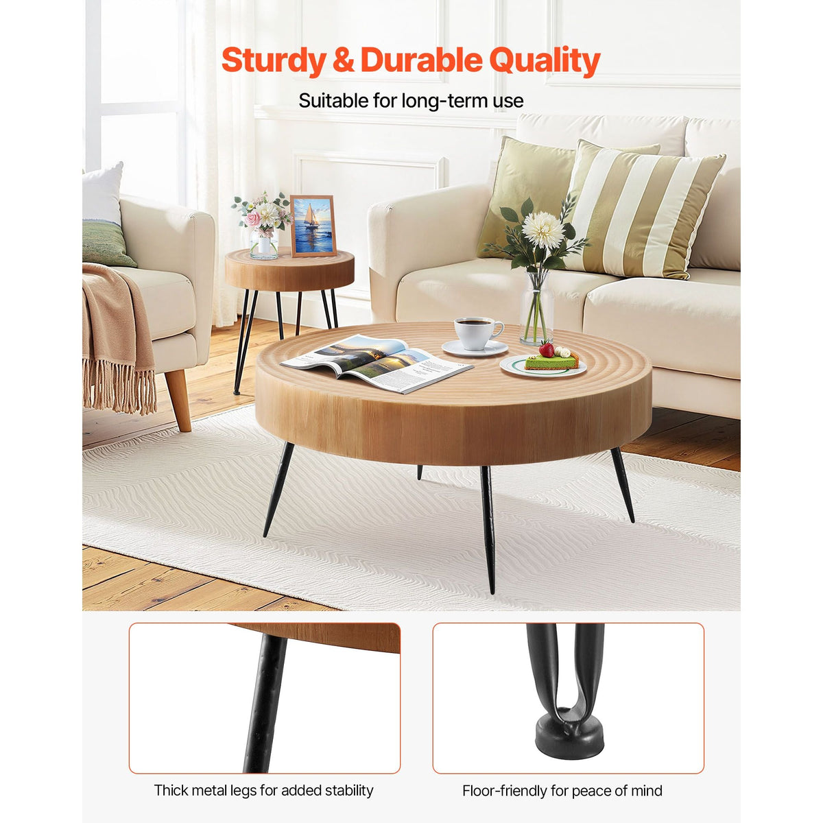 2 Pieces Round Coffee Tables Sets, 31.3 in Industrial Living Room Table with 1 End Side Table, Easy Assembly Coffee and End Tables Sets with Metal Legs, for Office, Living Room and Apartment