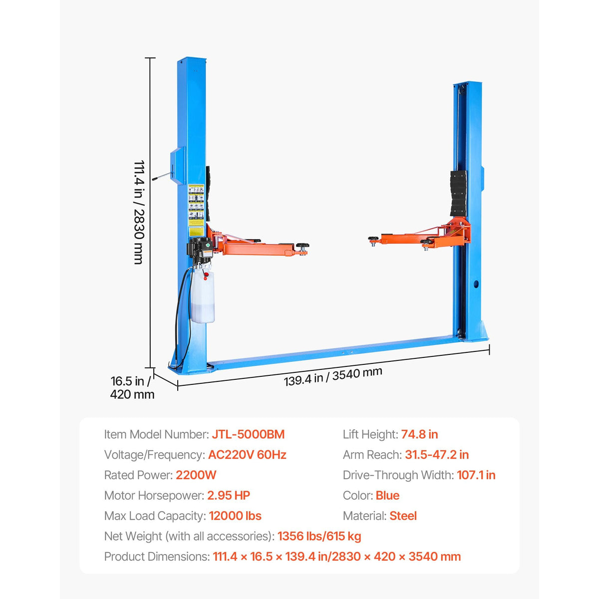 2 Post Lift, 12000 lbs Capacity, 220V 2.95 HP Powerful Motor, Two Post Car Lift Auto Hoist for Sedan SUV Pickup, Automotive Hoist 74.8 Inch Height for Home Garage, Repair Shop, Workshop, Blue
