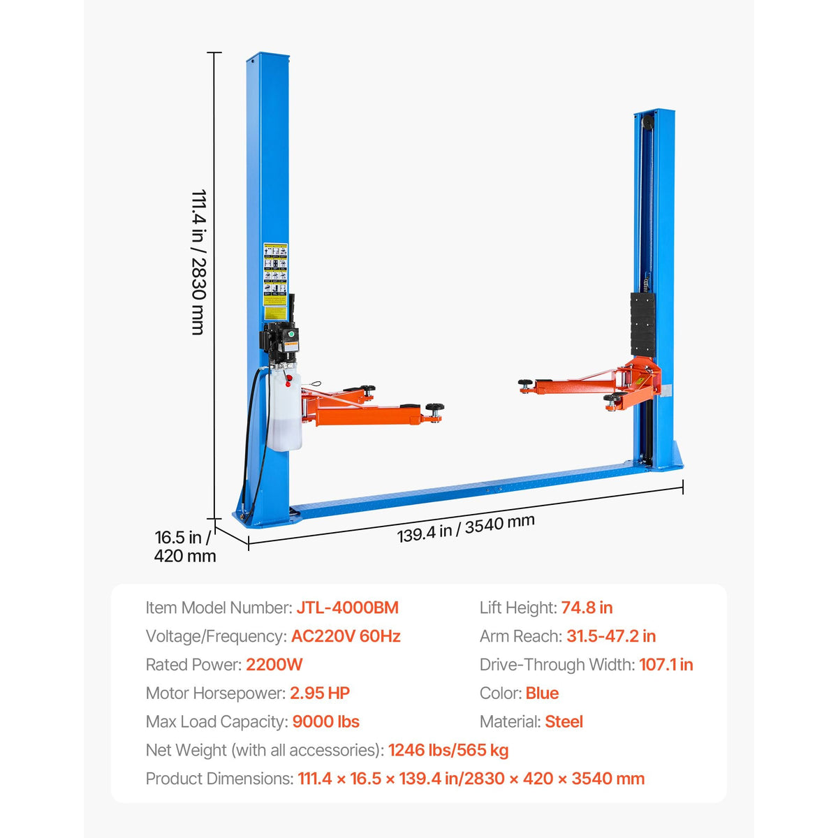 2 Post Lift, 9000 lbs Capacity, 220V 2.95 HP Powerful Motor, Two Post Car Lift Auto Hoist for Sedan SUV Pickup, Automotive Hoist 74.8 Inch Height for Home Garage, Repair Shop, Workshop, Blue
