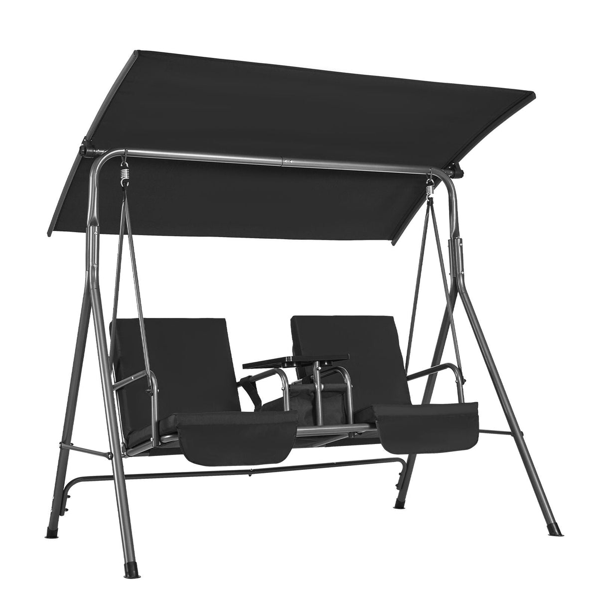 2-Seat Patio Swing Chair, Outdoor Patio Swing with Adjustable Canopy, Porch Swing with Storage Bag and Rotating Tray, Oxford Fabric and Alloy Steel Frame, for Balcony, Backyard, Poolside, Black