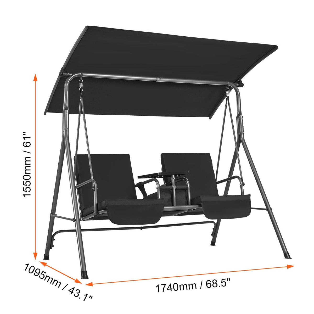2-Seat Patio Swing Chair, Outdoor Patio Swing with Adjustable Canopy, Porch Swing with Storage Bag and Rotating Tray, Oxford Fabric and Alloy Steel Frame, for Balcony, Backyard, Poolside, Black