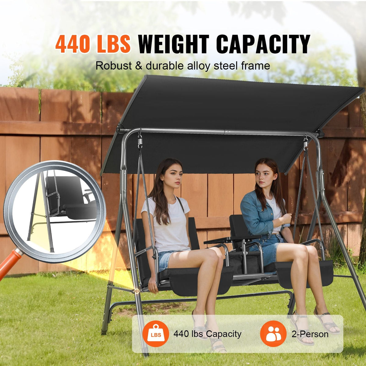 2-Seat Patio Swing Chair, Outdoor Patio Swing with Adjustable Canopy, Porch Swing with Storage Bag and Rotating Tray, Oxford Fabric and Alloy Steel Frame, for Balcony, Backyard, Poolside, Black