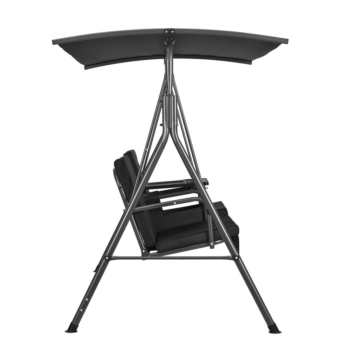 2-Seat Patio Swing Chair, Outdoor Patio Swing with Adjustable Canopy, Porch Swing with Storage Bag and Rotating Tray, Oxford Fabric and Alloy Steel Frame, for Balcony, Backyard, Poolside, Black