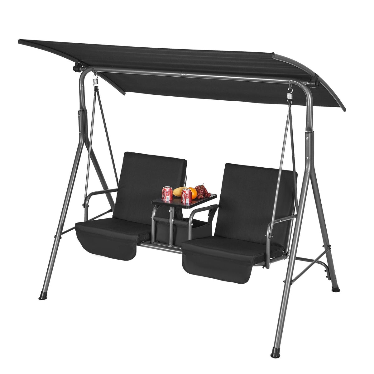2-Seat Patio Swing Chair, Outdoor Patio Swing with Adjustable Canopy, Porch Swing with Storage Bag and Rotating Tray, Oxford Fabric and Alloy Steel Frame, for Balcony, Backyard, Poolside, Black