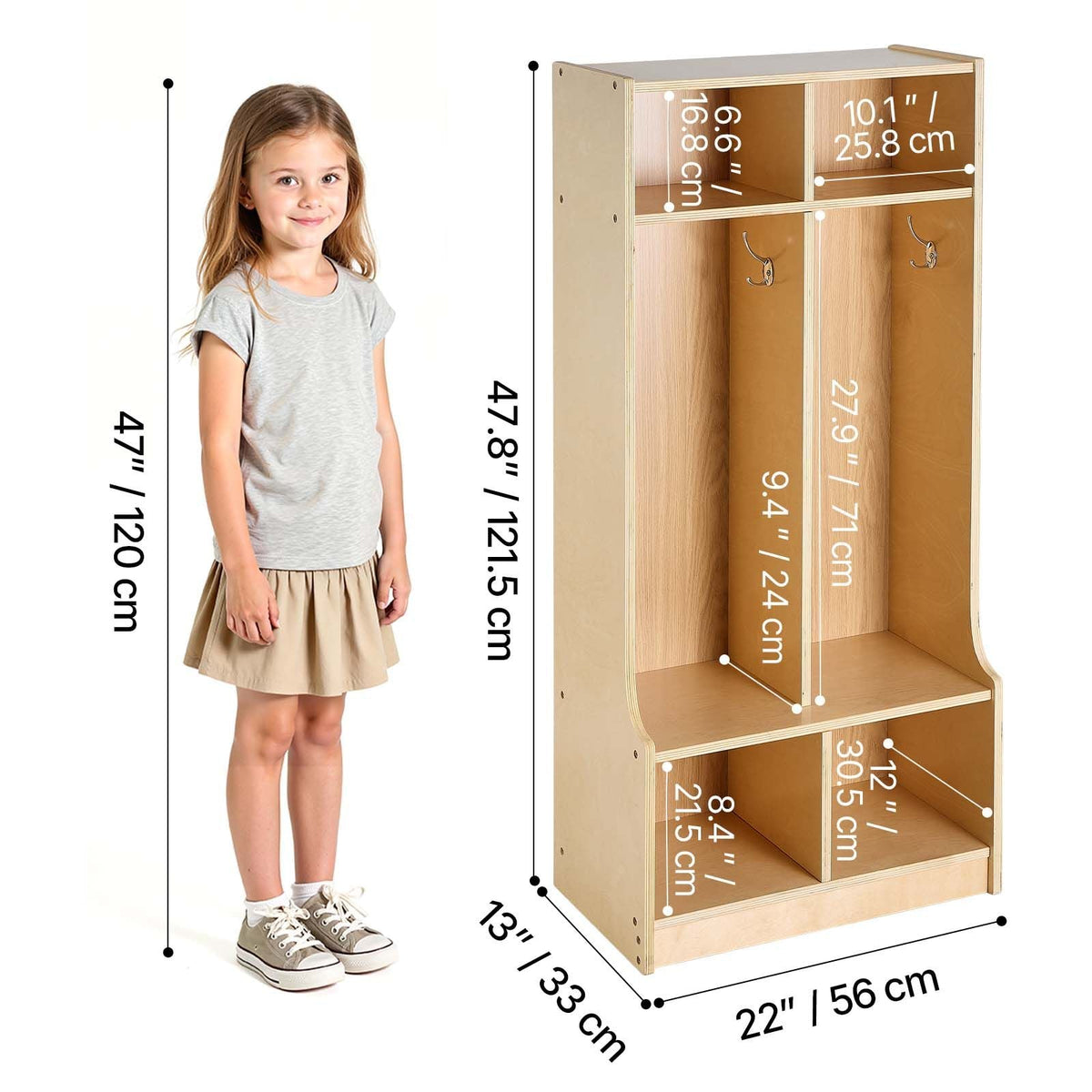 2-Section Kids Coat Locker, Wooden Toddler Cubby Storage Organizer with 4 Hooks & Anti-Tip Kit, Modern Kid Coat Cubbies with 4 Small Open Storage Boxes for Home, Kindergarten, Daycare, Natural