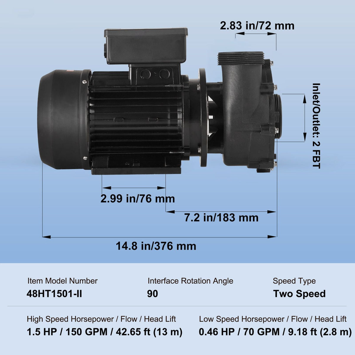 2 Speed SPA Pump, 48-Frame, AC 110-120V Hot Tub SPA Pump, 1.5HP/150GPM/42.65ft High Speed or 0.46HP/70GPM/9.18ft Low Speed, 2" Port 90° Rotational Interface for Hot Tub, Tested to UL Standards