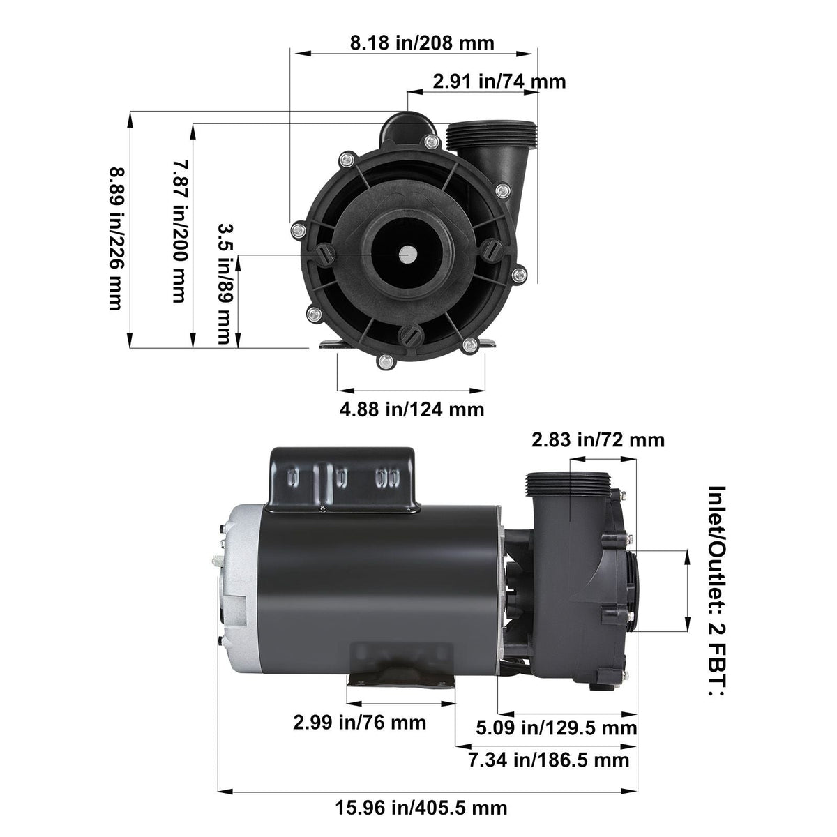 2 Speed SPA Pump, 56-Frame, AC 220-240V Hot Tub SPA Pump, 4HP/210GPM/65.61ft High Speed or 0.7HP/103GPM/16.07ft Low Speed, 2" Port 90° Rotational Interface for Hot Tub, Tested to UL Standards