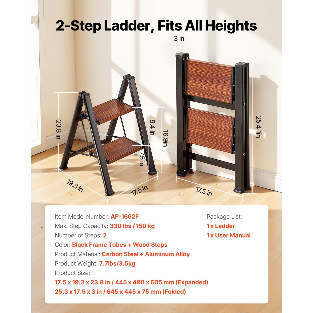 2 Step Ladder, Folding Step Stool with Wide Anti-Slip Pedal and Comfort Handgrip, Lightweight 330 lbs Capacity Portable Aluminum Plant Support, Multi-Use for Adults, Home Repairing, Cleaning