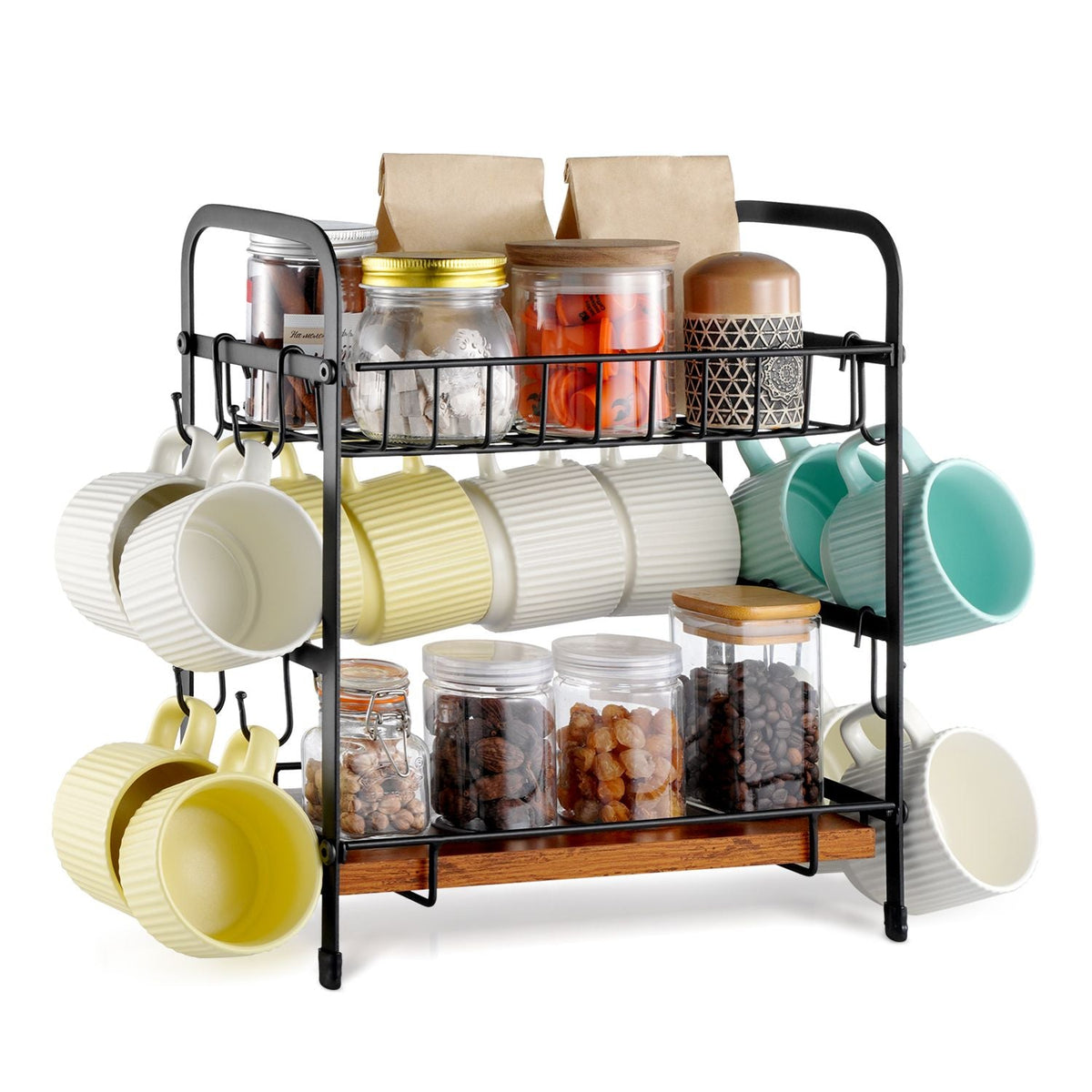 2 Tier Coffee Bar Organizer for Countertop, Multifunctional Mug Holder and Coffee Station, 12 Movable Hooks and 2 Shelves for Coffee Accessories Storage and Display, Home Office (Matte Black)