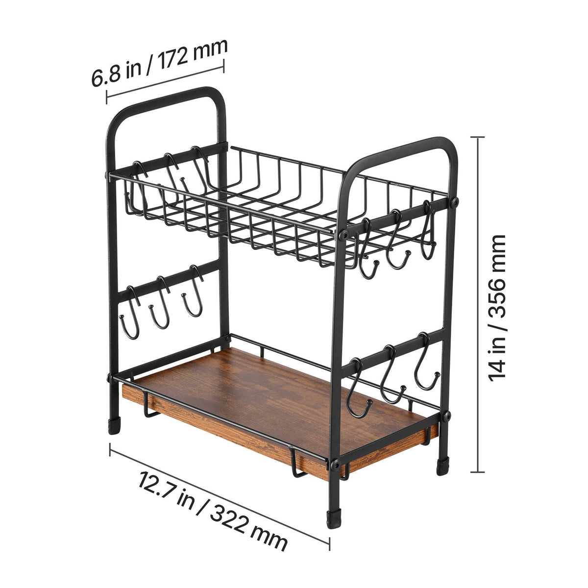 2 Tier Coffee Bar Organizer for Countertop, Multifunctional Mug Holder and Coffee Station, 12 Movable Hooks and 2 Shelves for Coffee Accessories Storage and Display, Home Office (Matte Black)