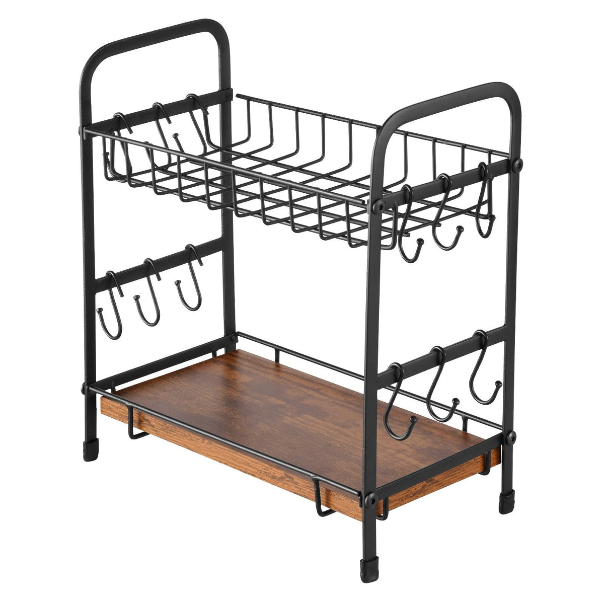 2 Tier Coffee Bar Organizer for Countertop, Multifunctional Mug Holder and Coffee Station, 12 Movable Hooks and 2 Shelves for Coffee Accessories Storage and Display, Home Office (Matte Black)