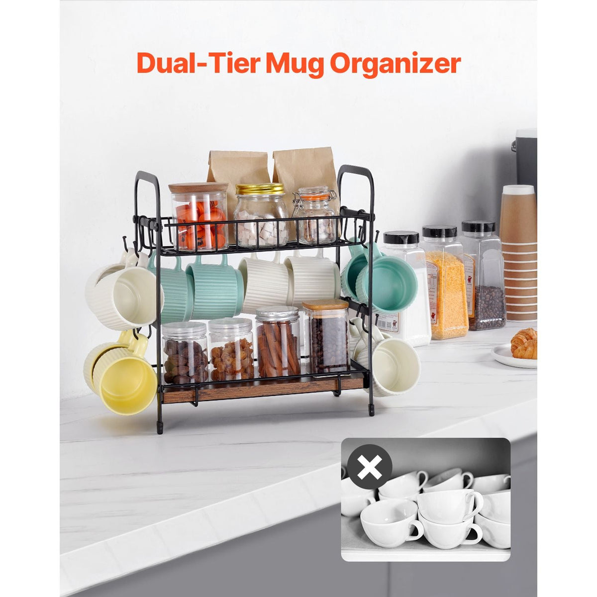 2 Tier Coffee Bar Organizer for Countertop, Multifunctional Mug Holder and Coffee Station, 12 Movable Hooks and 2 Shelves for Coffee Accessories Storage and Display, Home Office (Matte Black)