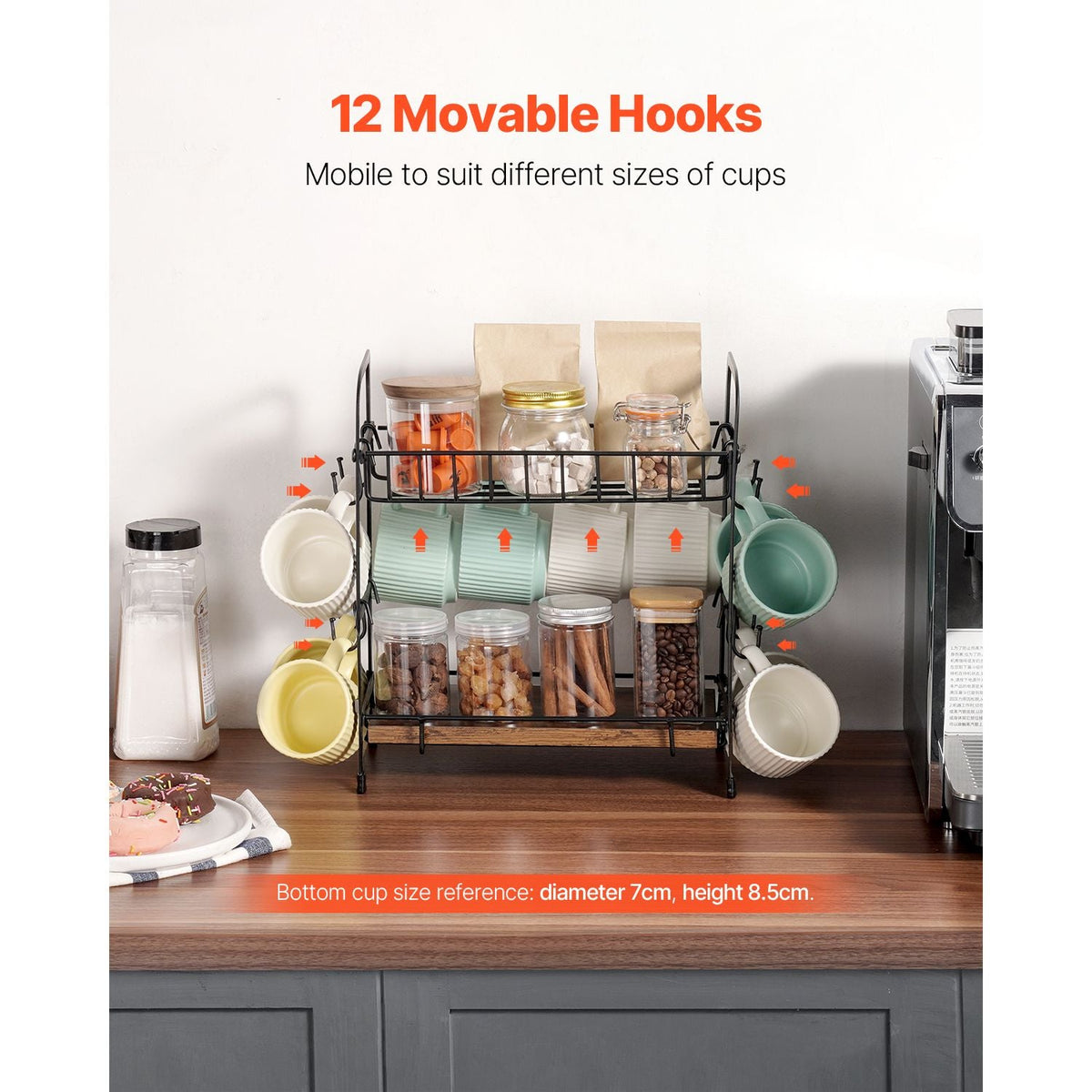 2 Tier Coffee Bar Organizer for Countertop, Multifunctional Mug Holder and Coffee Station, 12 Movable Hooks and 2 Shelves for Coffee Accessories Storage and Display, Home Office (Matte Black)