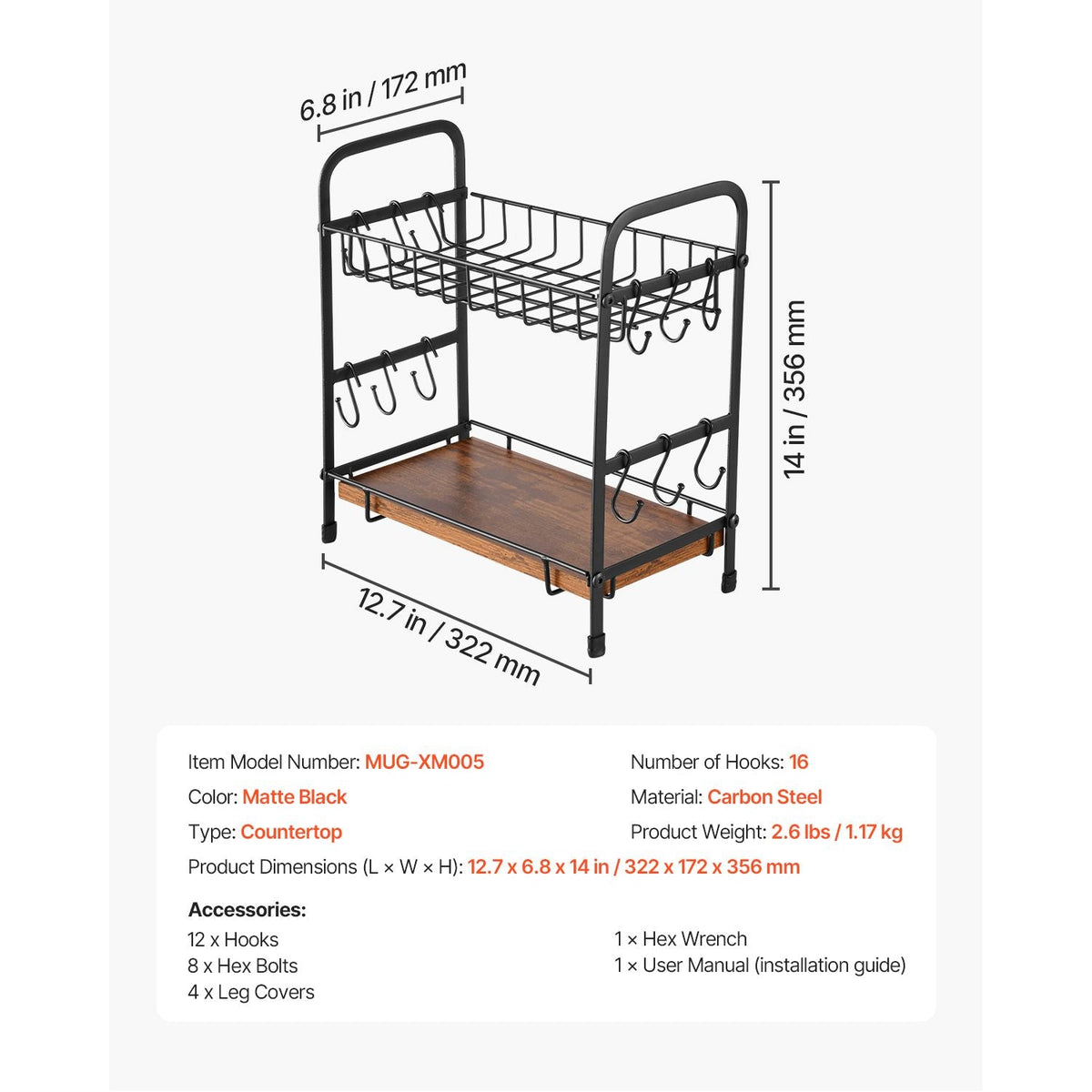 2 Tier Coffee Bar Organizer for Countertop, Multifunctional Mug Holder and Coffee Station, 12 Movable Hooks and 2 Shelves for Coffee Accessories Storage and Display, Home Office (Matte Black)