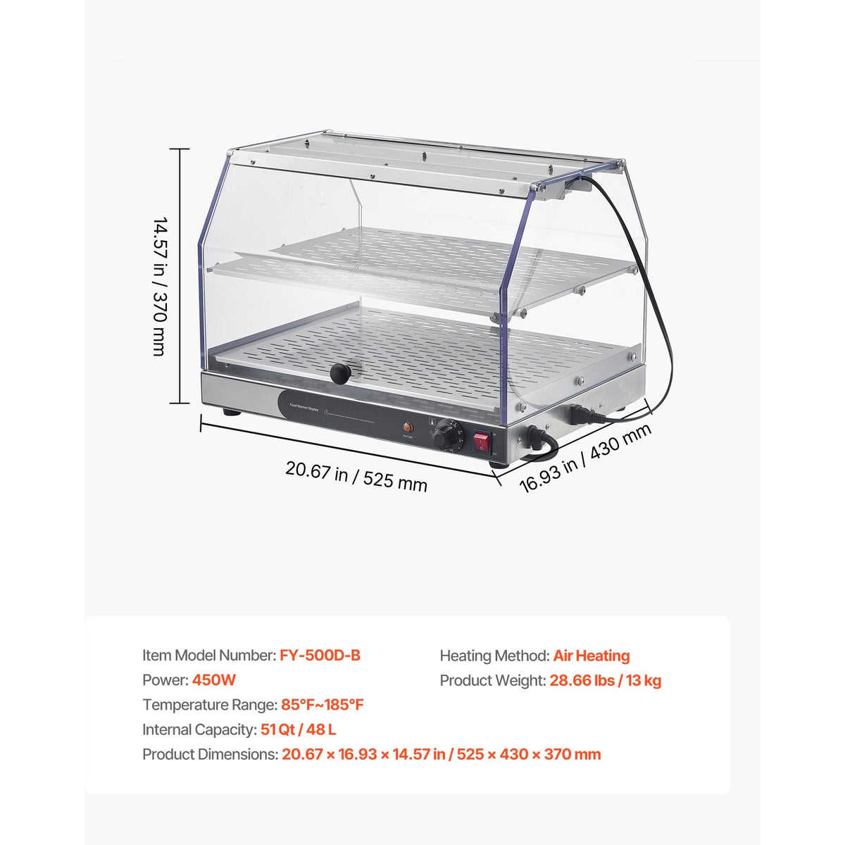 2-Tier Commercial Food Warmer Display, 450W Food Display Warmer with Light, Detachable Shelves and Double-Sided Door Design, 85-185 F Air Heating, 48L for Hamburger, Pizza, Bread, Fried Chicken