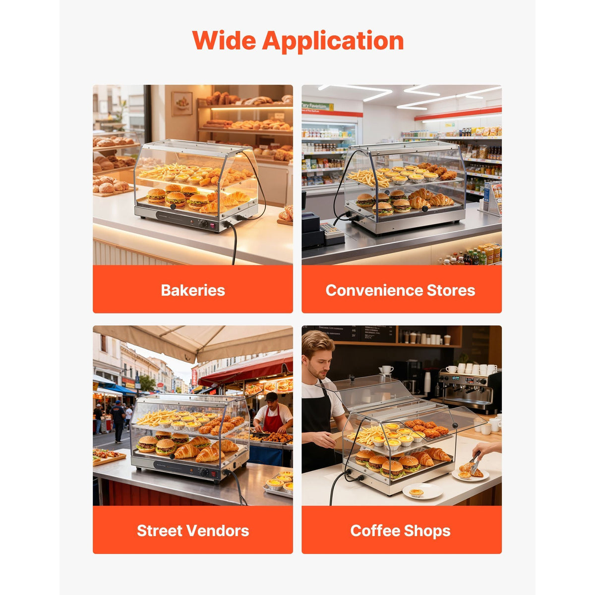 2-Tier Commercial Food Warmer Display, 450W Food Display Warmer with Light, Detachable Shelves and Double-Sided Door Design, 85-185 F Air Heating, 48L for Hamburger, Pizza, Bread, Fried Chicken