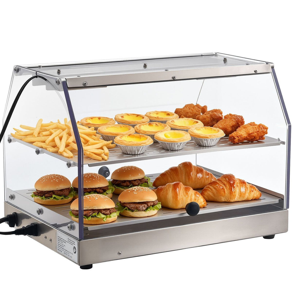 2-Tier Commercial Food Warmer Display, 450W Food Display Warmer with Light, Detachable Shelves and Double-Sided Door Design, 85-185 F Air Heating, 48L for Hamburger, Pizza, Bread, Fried Chicken
