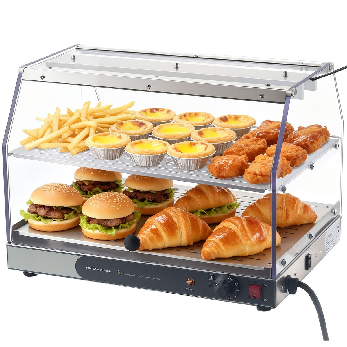 2-Tier Commercial Food Warmer Display, 450W Food Display Warmer with Light, Detachable Shelves and Double-Sided Door Design, 85-185 F Air Heating, 48L for Hamburger, Pizza, Bread, Fried Chicken