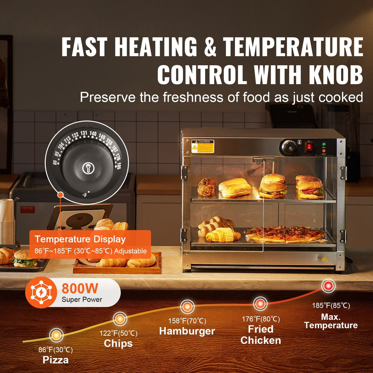 2-Tier Commercial Food Warmer Display, 800W Food Display Warmer with Light to Enhance Food Display, 86-185 F Temperature Control, 58L Large Capacity for Hamburger, Pizza, Bread, Fried Chicken