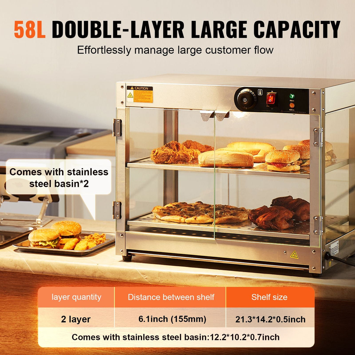 2-Tier Commercial Food Warmer Display, 800W Food Display Warmer with Light to Enhance Food Display, 86-185 F Temperature Control, 58L Large Capacity for Hamburger, Pizza, Bread, Fried Chicken