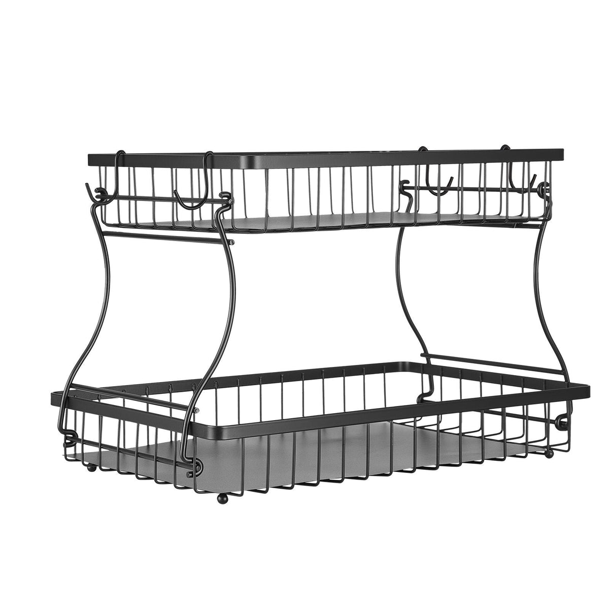 2 Tier Fruit Basket, Countertop Fruits Vegetable Bowl with Banana Hangers, Metal Wire Storage Stand for Kitchen Counter, Detachable Stackable Holder Organizer for Bread Snack Veggies, Black