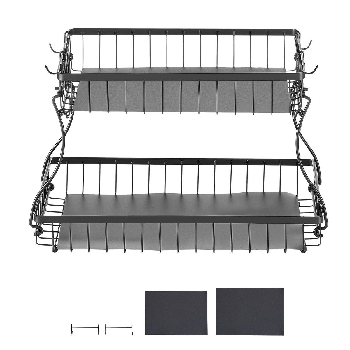 2 Tier Fruit Basket, Countertop Fruits Vegetable Bowl with Banana Hangers, Metal Wire Storage Stand for Kitchen Counter, Detachable Stackable Holder Organizer for Bread Snack Veggies, Black