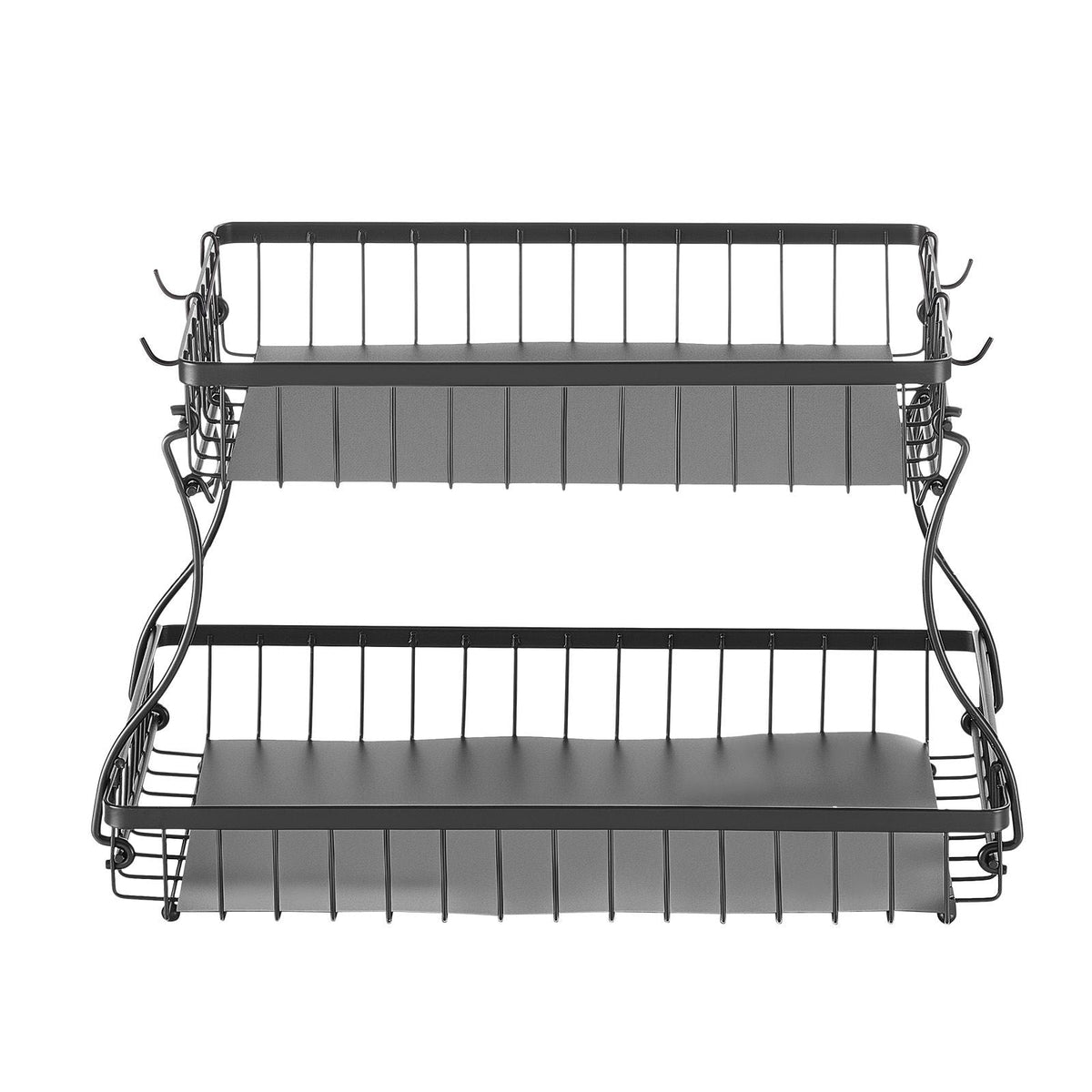 2 Tier Fruit Basket, Countertop Fruits Vegetable Bowl with Banana Hangers, Metal Wire Storage Stand for Kitchen Counter, Detachable Stackable Holder Organizer for Bread Snack Veggies, Black