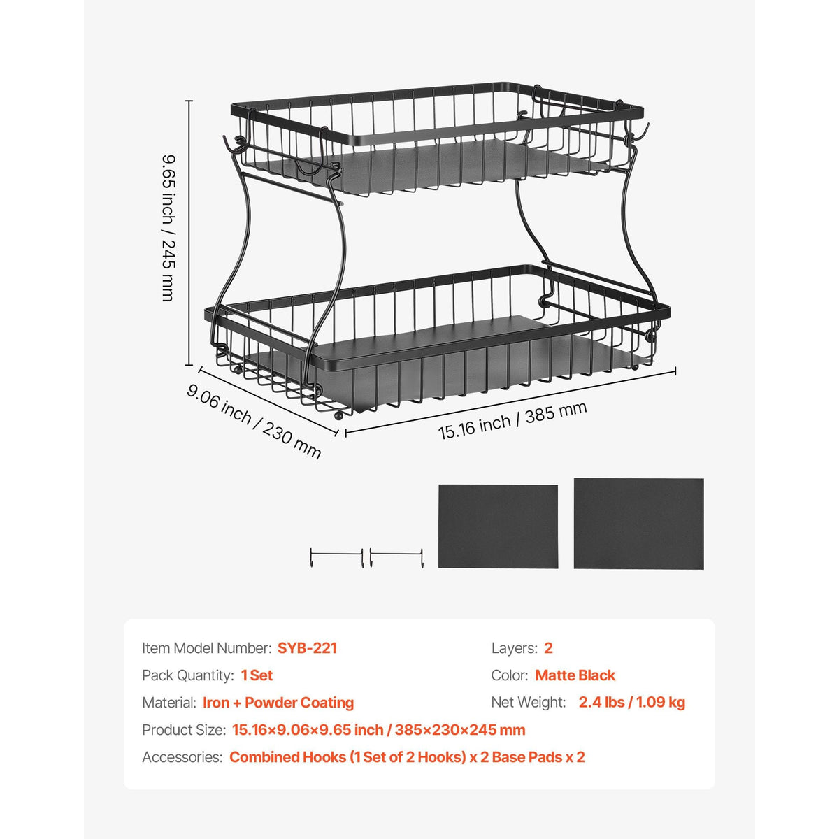 2 Tier Fruit Basket, Countertop Fruits Vegetable Bowl with Banana Hangers, Metal Wire Storage Stand for Kitchen Counter, Detachable Stackable Holder Organizer for Bread Snack Veggies, Black
