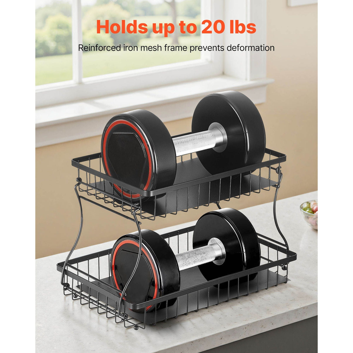 2 Tier Fruit Basket, Countertop Fruits Vegetable Bowl with Banana Hangers, Metal Wire Storage Stand for Kitchen Counter, Detachable Stackable Holder Organizer for Bread Snack Veggies, Black