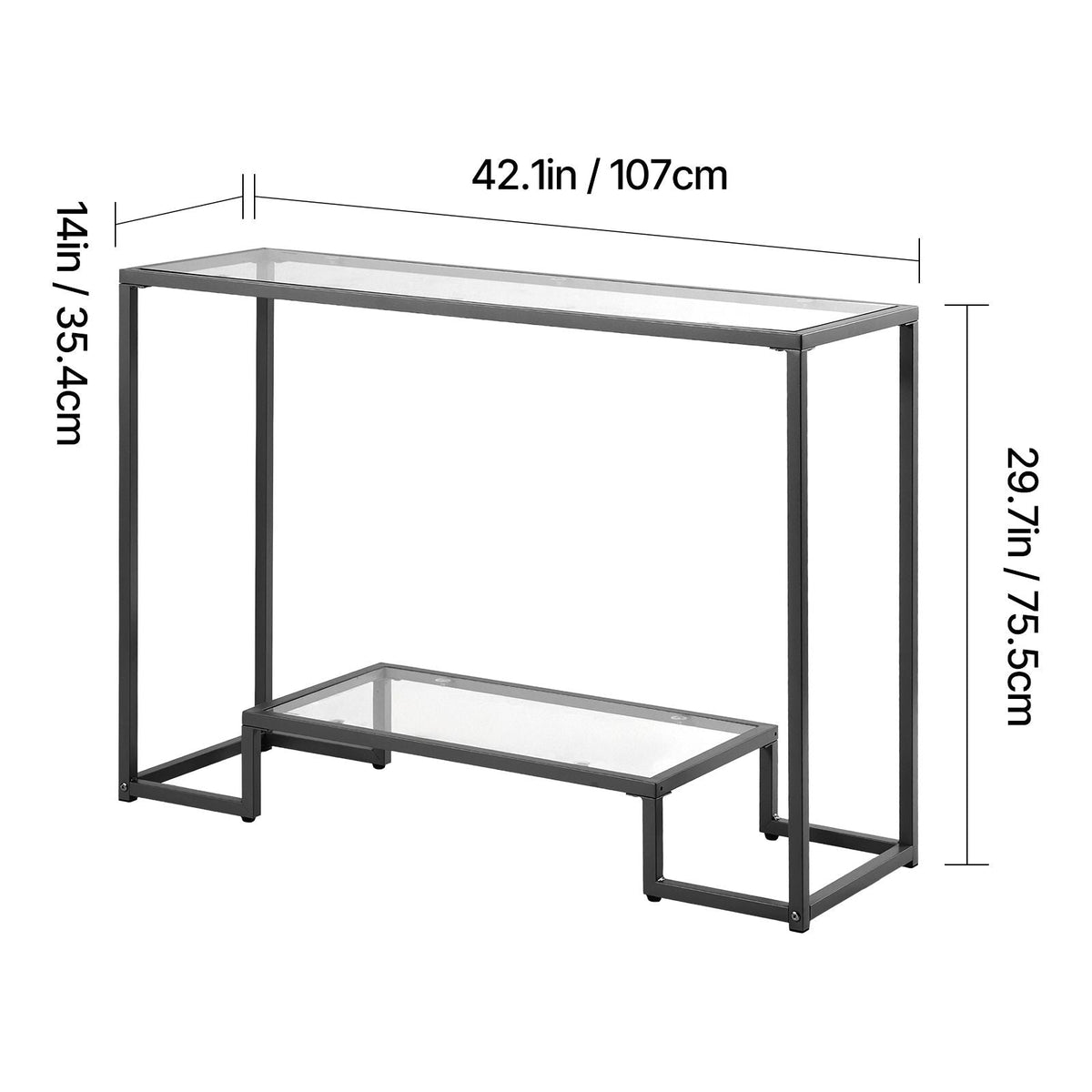 2-Tier Glass Console Table, Modern Rectangle Sofa Side Table with Tempered Glass Top and Iron Legs, Golden Consloe Desk with Anti-Tip Device for Living Room, Hallway, Entryway, Foyer, Black