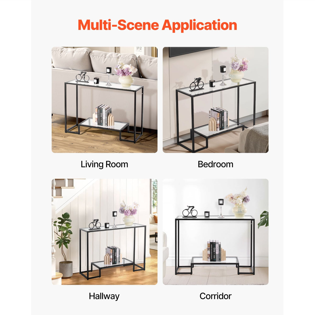 2-Tier Glass Console Table, Modern Rectangle Sofa Side Table with Tempered Glass Top and Iron Legs, Golden Consloe Desk with Anti-Tip Device for Living Room, Hallway, Entryway, Foyer, Black