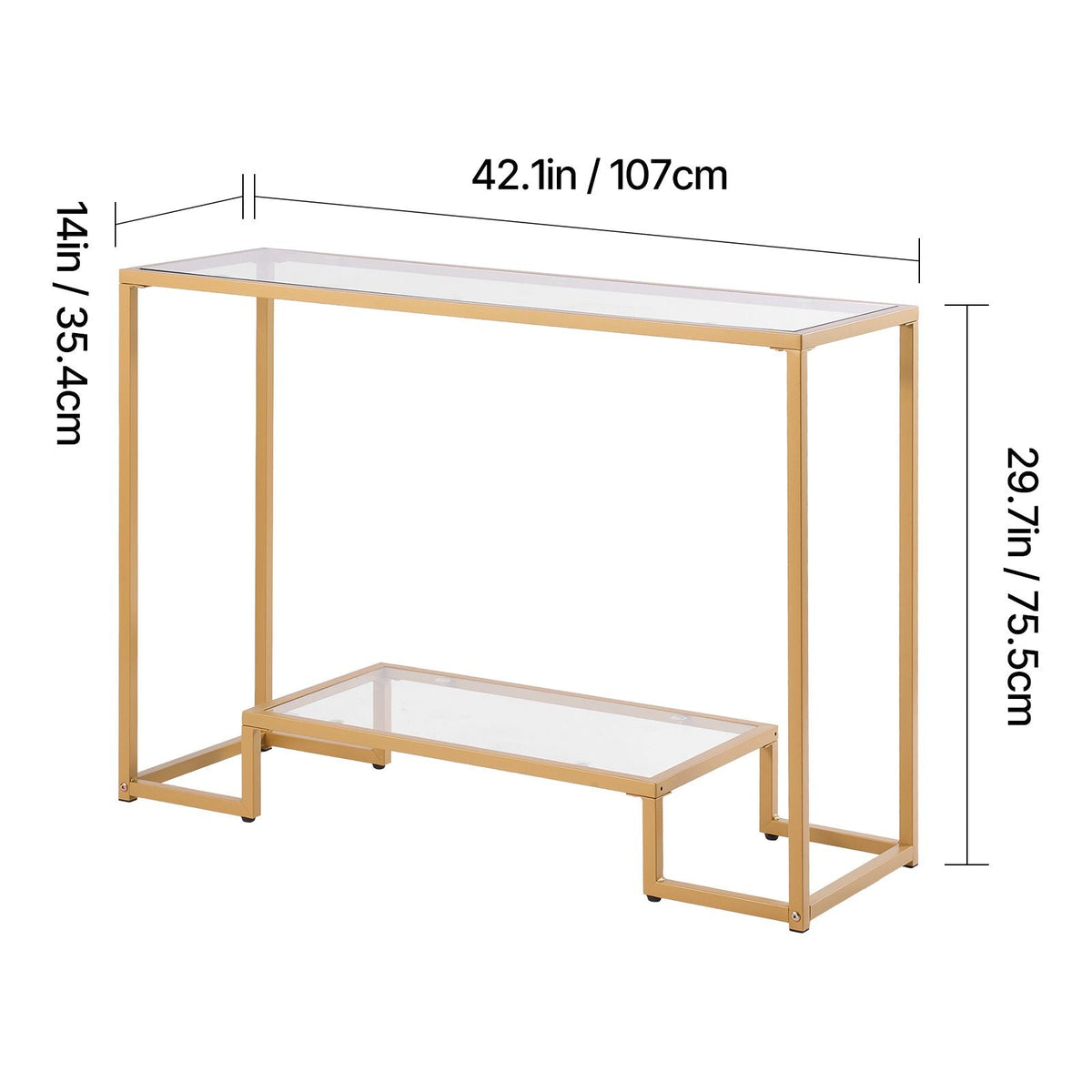 2-Tier Glass Console Table, Modern Rectangle Sofa Side Table with Tempered Glass Top and Iron Legs, Golden Consloe Desk with Anti-Tip Device for Living Room, Hallway, Entryway, Foyer, Golden